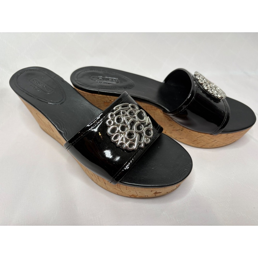 COACH Judith Black Patent Leather Cork Wedge Sandals Sz 8 Silver Medallion Glam